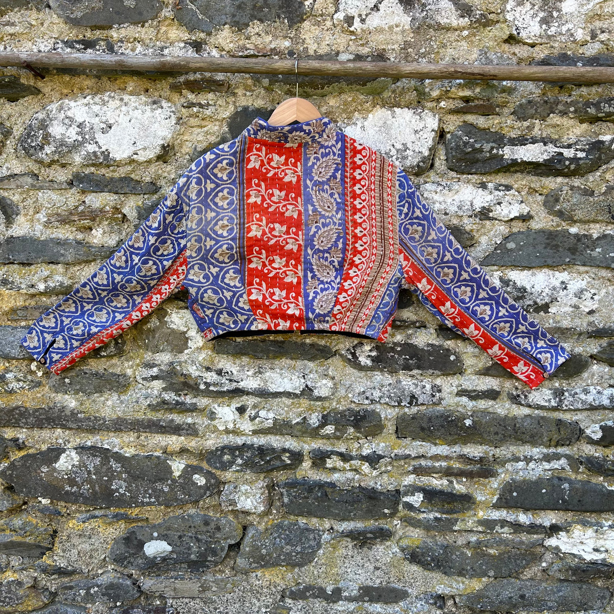 Blue and red Saffron Sky Gudri jacket made from reclaimed cotton with kantha stitching, back view