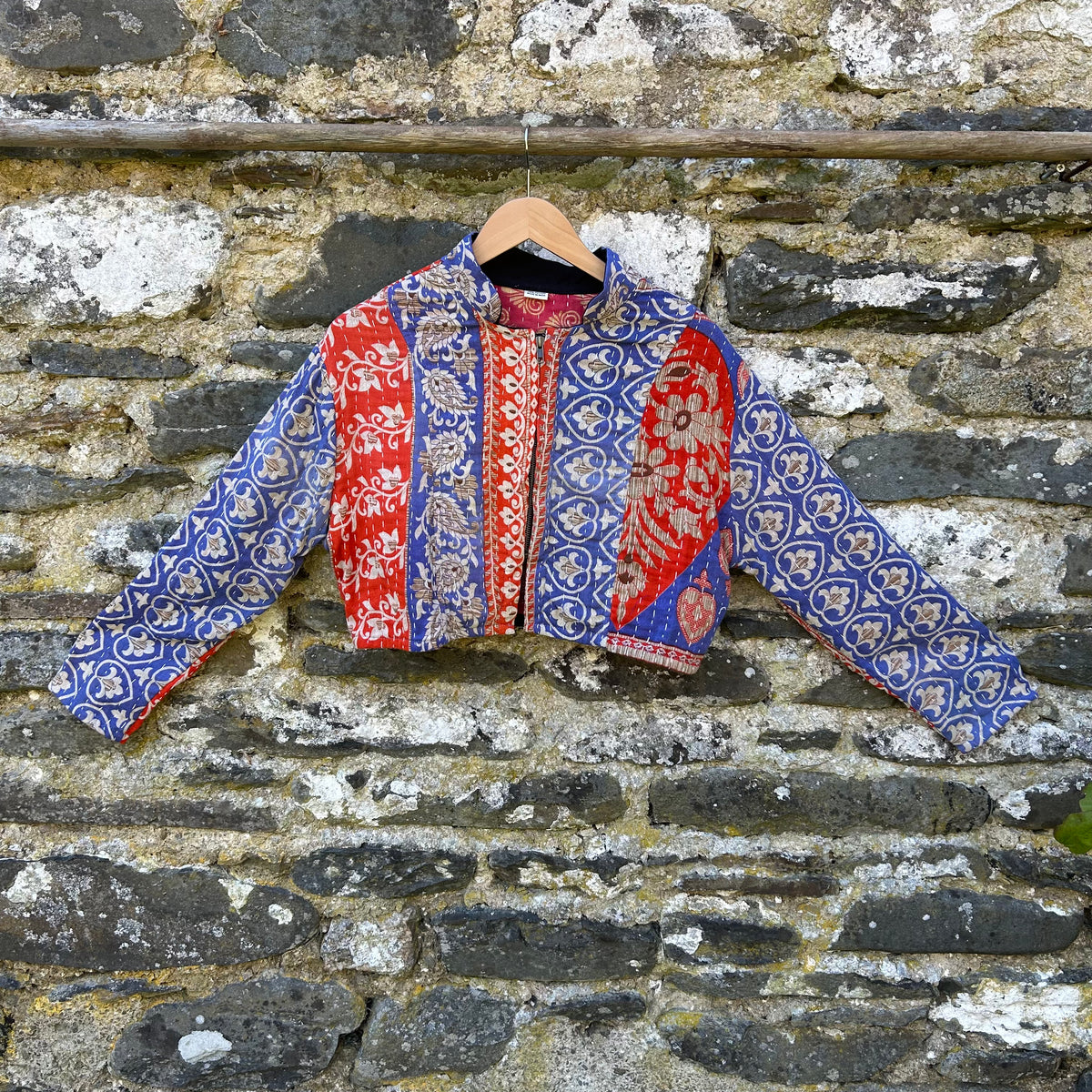 Blue and red Saffron Sky Gudri jacket made from reclaimed cotton with kantha stitching, front view