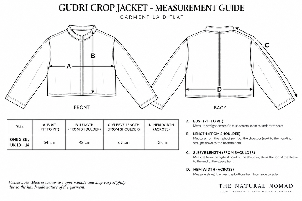 Gudri crop jacket measurement guide showing one size UK 10–14 garment measurements