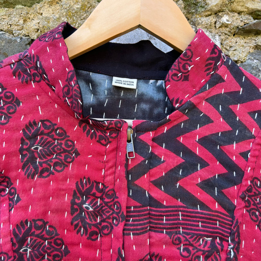 Red and black Gudri jacket neckline and zip detail with kantha stitching
