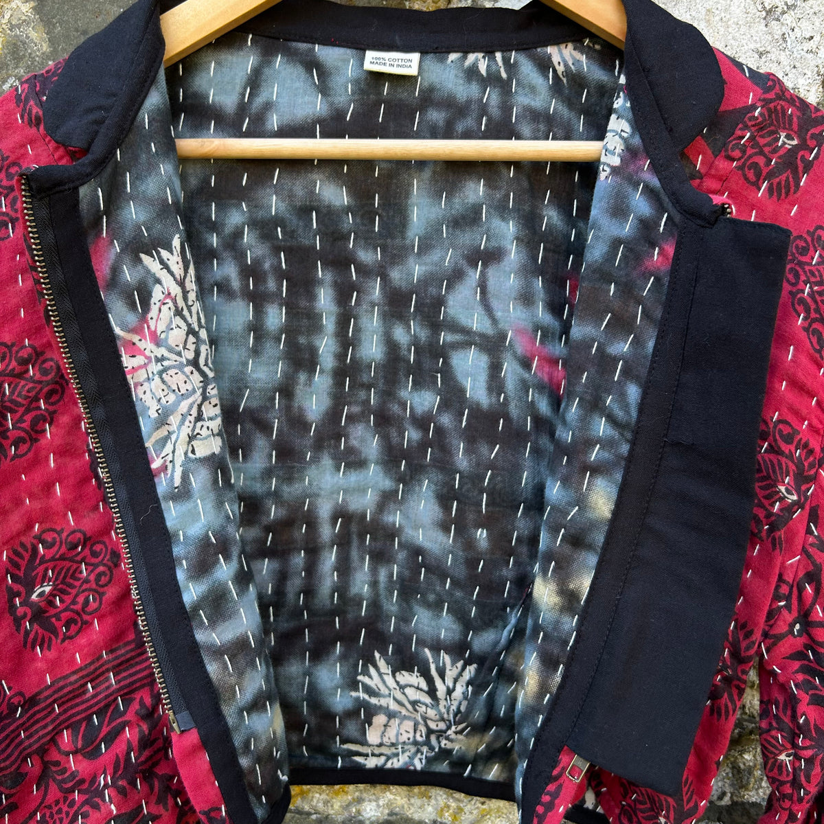 Red and black Gudri jacket reclaimed cotton inside detail