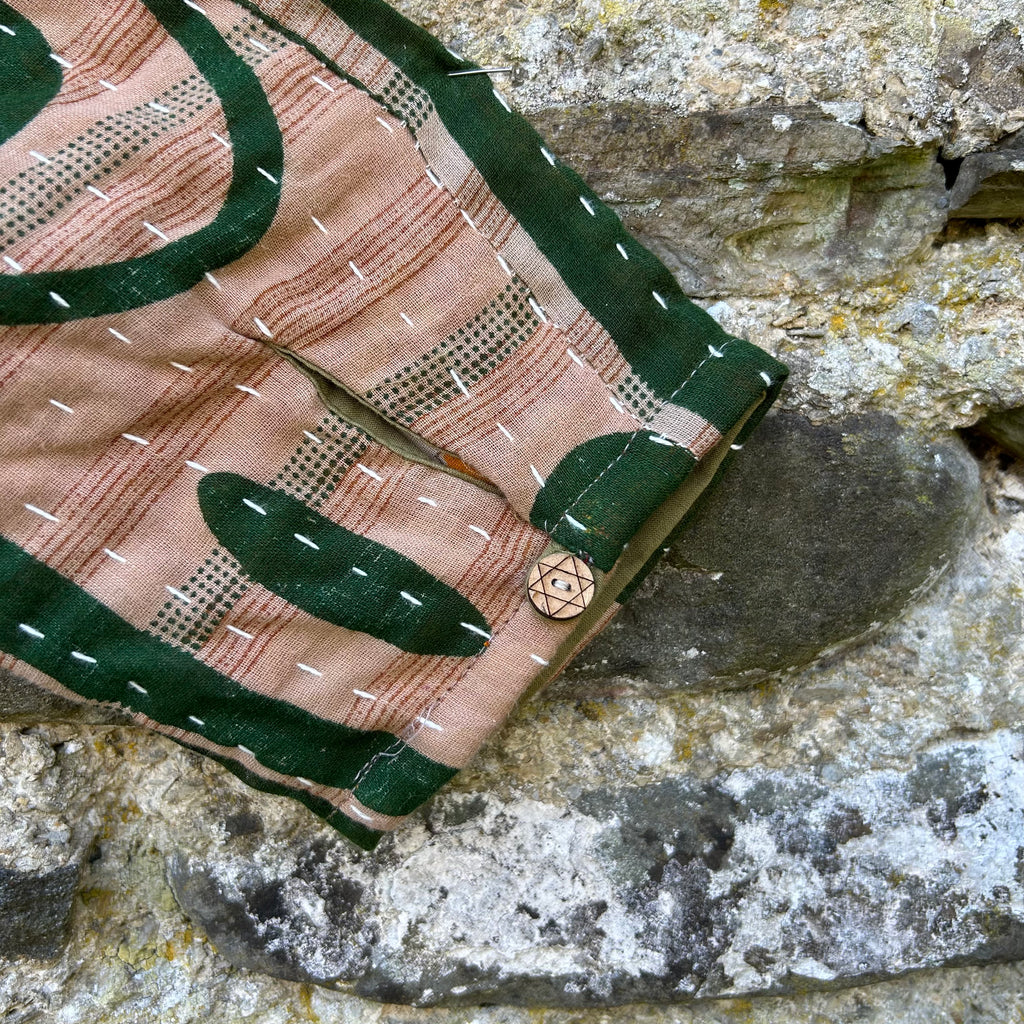 Forest Bloom Gudri jacket coconut button cuff detail in stone and green reclaimed cotton with kantha stitching