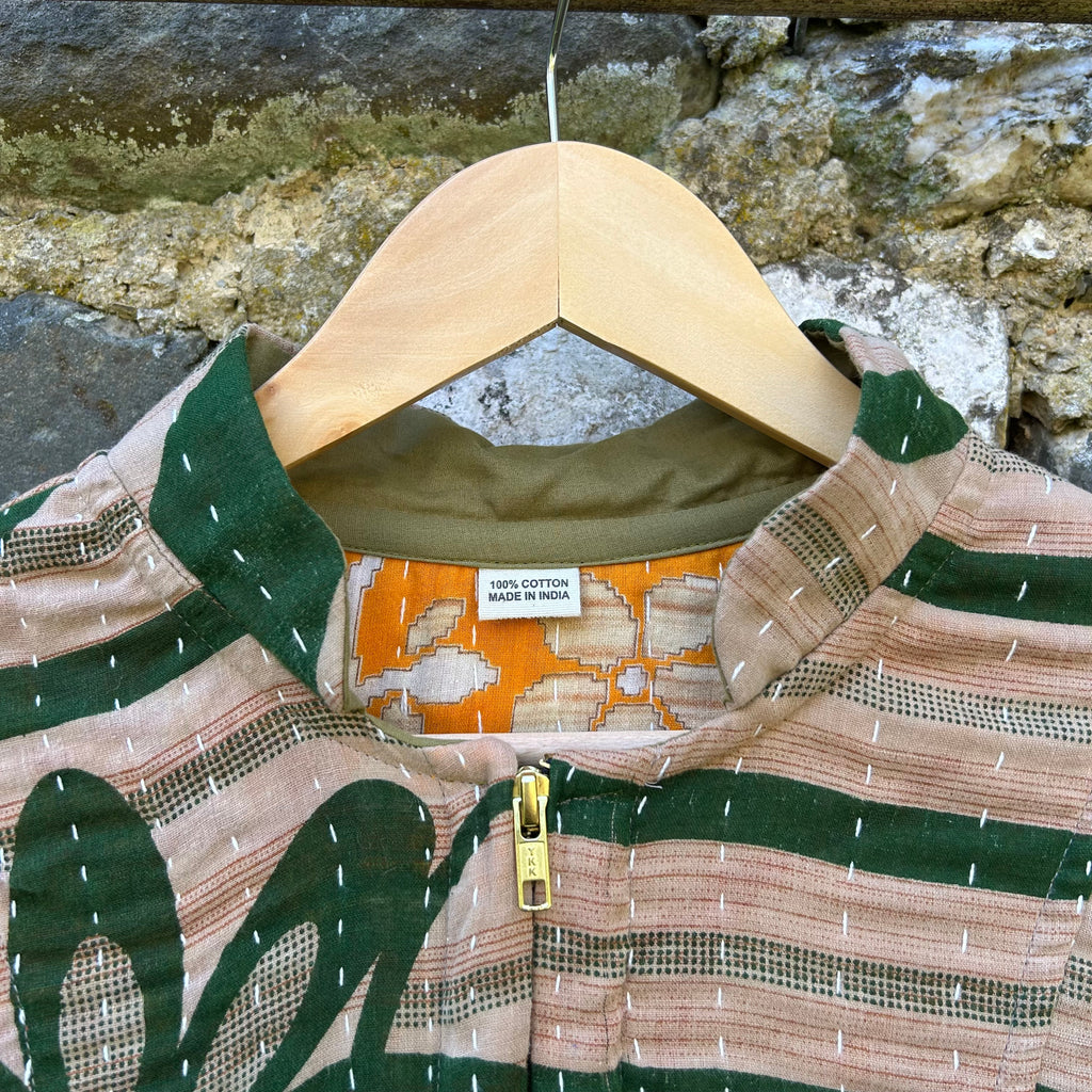 Forest Bloom Gudri jacket neckline and zip detail in stone and green reclaimed cotton with kantha stitching