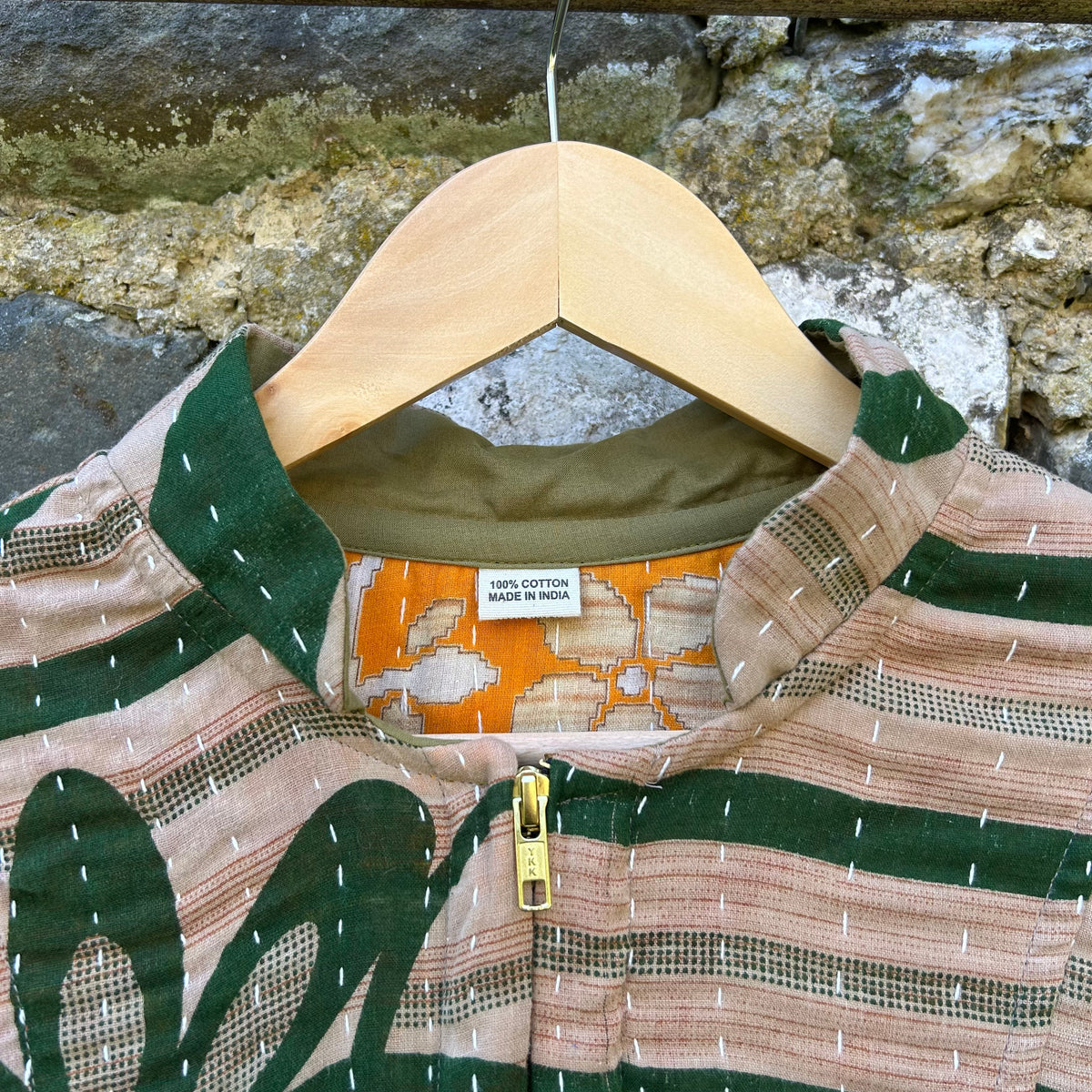Forest Bloom Gudri jacket neckline and zip detail in stone and green reclaimed cotton with kantha stitching