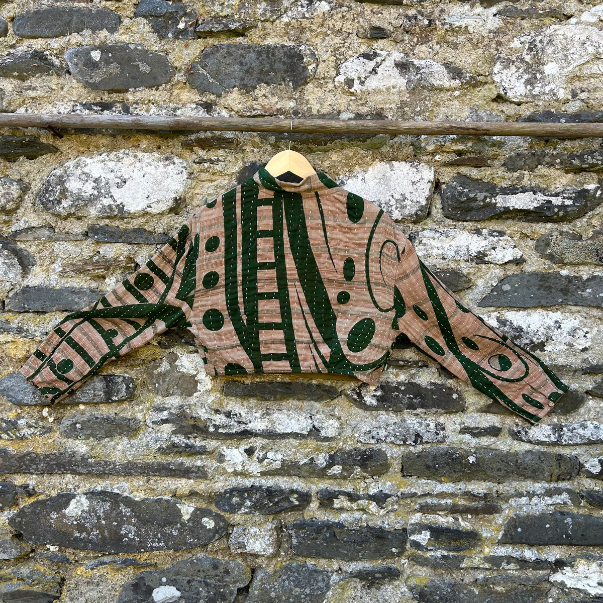Stone and green Forest Bloom Gudri jacket made from reclaimed cotton textiles with kantha stitching, back view