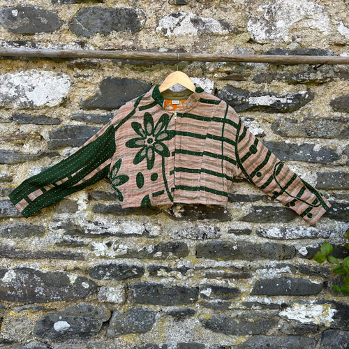 Stone and green Forest Bloom Gudri jacket made from reclaimed cotton textiles with kantha stitching, front view